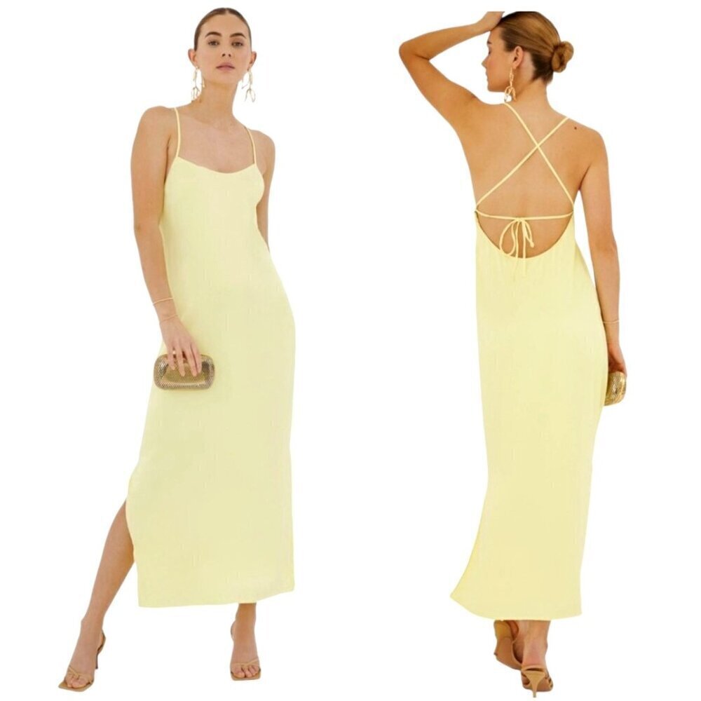 Something Navy Dress Women Large Yellow Silky Essential Criss‎ Cross Back Slip